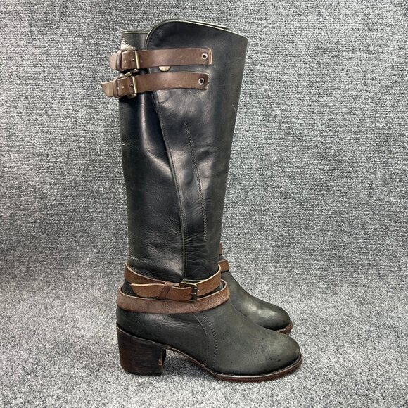 Freebird Clive Boot Women 9 Black Brown Leather Tall Strap Buckle Western Rustic - Picture 1 of 16